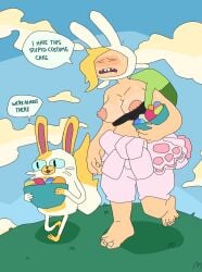 adventure_time backpack bag barefoot_on_grass breasts cake_the_cat casual_nudity casual_topless clothing female fionna_and_cake fionna_the_human_girl human nude pale_skin peeppepi sweating tagme topless