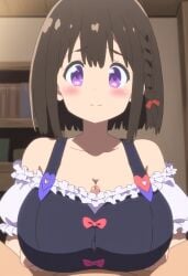 ai_generated bangs big_breasts big_eyes big_head blush blushing bookshelf braided_hair brown_hair bust clavicle cleavage clothed clothed_female clothed_paizuri clothing covered_paizuri cute cute_face embarrassed embarrassed_female female flustered frilled_top front_view hair_between_eyes huge_breasts innocent jing_jing light-skinned_female light_skin male nai_diffusion neoteny off_shoulder paizuri paizuri_under_clothes pause!_let_me_check_the_walkthrough_first penis pov purple_eyes ribbon shy small_but_busty tareme timid upper_body urethra wooden_frame zanting!_rang_wo_cha_gonglue