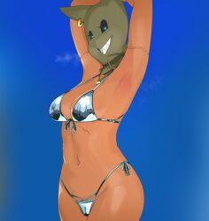 alternate_version_available armpits arms_behind_head arms_up bikini bikini_bottom bikini_top camel_toe cameltoe earring female female_focus female_only mask mdthetest musk_clouds necklace presenting_armpit scar sharp_teeth tagme tan_body tan_skin