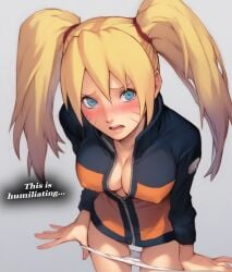 1girls ai_generated asian big_breasts blonde_female blonde_hair blue_eyes blush bottomless bottomless_female busty canon_genderswap cleavage clothed color comic defeated defeated_heroine english_text facial_markings female female_focus feminization genderswap_(mtf) hair hair_between_eyes humiliation large_breasts long_hair looking_at_viewer lqf_ai naruko naruto naruto_(series) naruto_shippuden nervous ninja nipple_bulge nipples_visible_through_clothing no_pants open_mouth open_shirt panties panties_down public public_humiliation pulling_down_panties pulling_panties rule_63 sexy_no_jutsu shounen_jump solo solo_female stable_diffusion standing text thought_bubble tied_hair twintails underwear uzumaki_naruto whisker_markings yellow_hair zipper_down