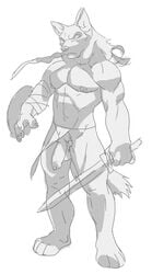 1boy abs anthro arm_wraps balls canine clothed clothing frown full-length_portrait half-erect holding_object holding_weapon humanoid_penis ineffective_clothing loincloth male male_only mammal monochrome muscular nipples pecs penis portrait sketch solo spacedog standing topless uncut warrior weapon wolf wraps