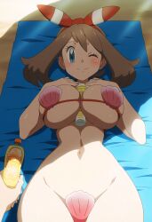 1girls 2024 ai_art ai_generated beach big_breasts bikini blue_eyes blush brown_hair cleavage female female_only gamefreak highres huge_breasts human large_breasts may_(pokemon) mayday_(artist) nintendo outdoors pokemon pokemon_(anime) shell_bikini smile smiling tagme