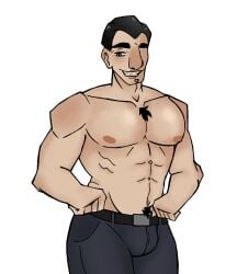 1boy 1boys ballzz bara black_hair blue_eyes body_hair bulge_through_clothing first_porn_of_character grinning half_naked izaack_gauss looking_at_viewer pecs pectorals self_upload shirtless shirtless_male that's_not_my_neighbor thick_eyebrows toony_face