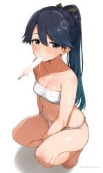 barefoot blush bound_breasts breast_wrap fundoshi half-closed_eyes houshou_(kantai_collection) kantai_collection lens_flare popsicle popsicle_in_mouth popsicle_melting sawamura_aoi signature small_breasts squatting summer sweaty toes