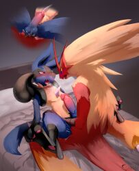 anal anal_sex bed bedroom blaziken blush cum cum_in_ass cum_inside cumshot ds-h0rn feral feral_only gay gay_sex lucario male male/male male_penetrating_male missionary_position pokemon pokemon_(species)