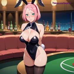 1girls adapted_costume ai_generated alternate_breast_size alternate_costume arm_support arms_behind_back bare_arms bare_breasts bare_chest bare_shoulders big_breasts bob_cut boruto:_naruto_next_generations bunny_ears bunny_girl bunny_tail bunnysuit cleavage detached_collar embarrassed facial_mark fake_animal_ears fake_animal_tail forehead_mark green_eyes hourglass_figure huge_breasts indoors large_breasts leotard light-skinned_female light_skin mature mature_female milf nai_diffusion naruto naruto_(series) no_bra patreon_username pink_hair revealing_clothes sakura_haruno skimpy skimpy_clothes slim_waist stable_diffusion stockings strapless_leotard temptart thighhighs top_heavy top_heavy_breasts url watermark web_address wide_hips