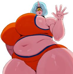 1girls :3d bangs bbw belly bent_leg big_breasts blue_hair breasts breasts_bigger_than_head chubby chubby_female curvy cyclops elf-san_wa_yaserarenai female female_focus female_only highres hitome huge_breasts humanoid leaning_on_hands light_blue_hair pale-skinned_female pale_skin pointy_ears short_hair sitting solo solo_female solo_focus sportswear sssonic2 sweat thick thick_ass thick_thighs tied_hair voluptuous white_background wide_hips yellow_eyes