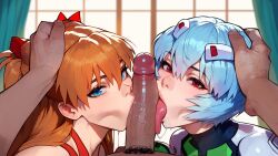 1boy 2girls ai_generated asuka_langley_sohryu blue_eyes blue_hair cock_worship collaborative_fellatio dark-skinned_male double_fellatio erection fellatio ffm_threesome hair_ornament long_hair multiple_girls neon_genesis_evangelion oral orange_hair penis red_eyes rei_ayanami slimpy teamwork threesome twintails