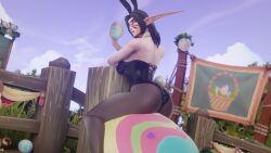 3d big_butt black_hair blue_eyes bunny_ears bunny_girl bunny_tail bunnysuit easter egg female fishnets holding_egg kynalea_dawnfire looking_at_viewer morilymory night_elf pantyhose world_of_warcraft