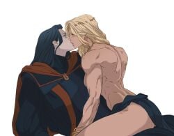 2girls big_ass big_breasts blonde_hair elden_ring female female_only fromsoftware kissing marceline2174 multiple_girls muscular_female queen_marika_the_eternal rennala_queen_of_the_full_moon topless topless_female wife_and_wife yuri