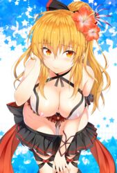 1girls adjusting_hair bare_shoulders bent_over bikini blonde_hair blush bottomless bow breasts cleavage criss-cross_halter erect_nipples female female_only flower granblue_fantasy hair_flower hair_ornament hairbow halterneck hibiscus large_breasts leaning leaning_forward long_hair looking_at_viewer microskirt nipple_slip nipples orange_eyes orange_hair ponytail see-through shigu_(wolfganggw) skirt skirt_pull solo standing star swimsuit tied_hair vira_lillie