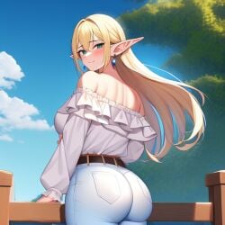 ai_generated alborewimi blonde_hair blush denim denim_bottomwear denim_clothing denim_jeans earrings elf elf_ears fat_ass female firm_ass from_behind green_eyes heavenly_ass jeans light-skinned_female looking_at_viewer looking_back off_shoulder outdoors pawg pockets pointy_ears presenting rear_view round_ass round_butt seductive showing_ass showing_off showing_off_ass solo stable_diffusion standing suggestive tight_clothing tight_jeans white_shirt