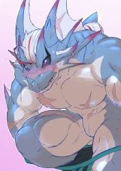 abs anthro biceps black_sclera blue_body blush dragon hair hi_res hydoor lifewonders live_a_hero male muscular muscular_anthro muscular_male mythological_creature mythological_scalie mythology nude pecs red_eyes sakuhuu scalie slit_(disambiguation) solo white_hair