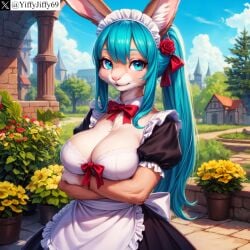 ai_generated animal_ears anthro apron aqua_eyes aqua_hair artist_name bangs black_dress blue_eyes blue_hair blue_sky body_fur bow bowtie breasts cleavage closed_mouth cloud crossed_arms day detached_collar dress female flower furry furry_female hair_flower hair_ornament large_breasts long_hair looking_at_viewer maid maid_apron maid_headdress outdoors plant ponytail potted_plant puffy_short_sleeves puffy_sleeves rabbit_ears red_bow red_bowtie red_flower red_rose rose short_sleeves sidelocks sky smile solo stable_diffusion twitter twitter_username watermark white_apron yiffyjiffy69