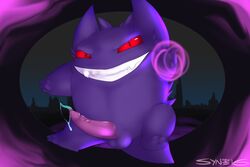 1boy 2016 barbed_penis black_eyes cum erection fangs feet furry gengar ghost half-closed_eyes looking_at_viewer male male_only night nintendo nude outdoors penis pokemon precum purple_background purple_fur red_sclera smile solo syntex tail teeth testicles text video_games