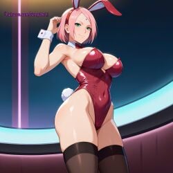 1girls adapted_costume ai_generated alternate_breast_size alternate_costume arm_support bare_arms bare_breasts bare_chest bare_shoulders big_breasts bob_cut boruto:_naruto_next_generations bunny_ears bunny_girl bunny_tail bunnysuit cleavage detached_collar embarrassed facial_mark fake_animal_ears fake_animal_tail forehead_mark green_eyes hourglass_figure huge_breasts indoors large_breasts leotard light-skinned_female light_skin mature mature_female milf nai_diffusion naruto naruto_(series) no_bra patreon_username pink_hair revealing_clothes sakura_haruno skimpy skimpy_clothes slim_waist stable_diffusion stockings strapless_leotard temptart thighhighs top_heavy top_heavy_breasts url watermark web_address wide_hips