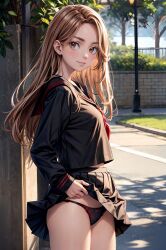 2024 ai_generated brown_eyes commentary_request delinquent female_focus half_nude orange_eyes panties public public_exposure request sailor_uniform school_uniform schoolgirl tokyo_revengers yuzuha_shiba