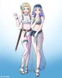 2girls :d alternate_costume alternate_hairstyle blonde_hair blue_bikini blue_hair blue_swimsuit breasts cleavage el_pan_frances female female_only fire_emblem fire_emblem:_three_houses fire_emblem_heroes fire_emblem_warriors:_three_hopes green_eyes hairband hand_on_own_chest high_heels ingrid_brandl_galatea light_blue_bikini light_blue_hair light_blue_swimsuit long_hair looking_at_viewer marianne_von_edmund marianne_von_edmund_(summer) medium_breasts medium_hair multiple_girls official_alternate_costume official_alternate_hairstyle open_mouth sarong see-through smile yellow_hair