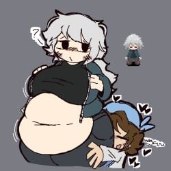 1boy 1other ? ass black_tank_top blue_bandana blue_jacket blush_stickers brown_hair busty_boy chibi chibi_style chubby clothed debris_(game) fat femboy grey_background grey_shirt heart hug huge_ass hugging hugging_ass hugging_from_behind jeans long_hair male_with_breasts meatoids mikan_muzou mob_face moobs navel open_jacket pants plump ponytail reference_image short_hair simple_background solid_oval_eyes soutarou_(mikan_muzou) sprite tank_top tatsuki_(debris) thick_thighs white_hair yume_nikki_fangame