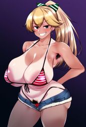 1girls ai_generated areola_slip areolae armpit_hair bikini bikini_bottom bikini_top black_eyes blonde_hair cutoffs denim denim_shorts ear_piercing eonsang_(style) hair_ornament hair_ribbon huge_ass huge_breasts original ponytail pubic_hair sagging_breasts self_upload skindentation smug tan tanline thick_thighs wide_hips