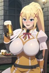 ai_generated armor armored_female beer beer_bottle big_breasts bigger_female blonde_hair blue_eyes darkness_(konosuba) huge_breasts kangokusen kono_subarashii_sekai_ni_shukufuku_wo! light-skinned_female light_skin ponytail voluptuous voluptuous_female