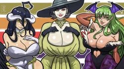 3girls albedo_(overlord) alcina_dimitrescu batwings belly_button big_breasts big_butt black_hair breasts breasts_bigger_than_head busty capcom cleavage clothed crossover curvy curvy_female curvy_figure darkstalkers demon demon_girl demon_horns dress female female_focus female_only gloves green_eyes green_hair hat huge_breasts jewelry large_breasts large_hat milf mister_feelgood morrigan_aensland multiple_girls older_female overlord_(maruyama) pale-skinned_female pale_skin resident_evil resident_evil_8:_village succubi succubus succubus_horns tall tall_female thick_thighs thighs trio vampire vampire_girl vintage voluptuous voluptuous_female wide_hips yellow_eyes