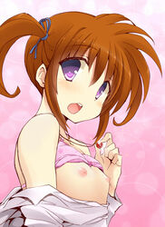 bare_shoulders blush bra bra_lift brown_hair female flat_chest hair_ribbon highres jewelry lyrical_nanoha mahou_shoujo_lyrical_nanoha necklace nipples purple_eyes raising_heart ribbon short_twintails smile solo takamachi_nanoha tied_hair twintails underwear undressing watanohara