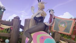 3d blonde_hair bunny_ears bunny_girl bunnysuit celne draenei easter egg fishnets golden_eyes holding_egg horns lightforged_draenei looking_at_viewer morilymory pantyhose tail world_of_warcraft