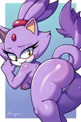 0x1g3n anus ass blaze_the_cat blush breasts cat_ears cat_tail catgirl lilac_fur nice_ass posing_for_the_viewer pussy simple_background smiling sonic_(series) sonic_the_hedgehog_(series) yellow_eyes