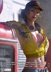 1girls abdomen belly belly_button blonde_hair bra caption cindy_aurum clothed final_fantasy final_fantasy_xv gloves godwin goggles green_eyes hat jacket jacket_open looking_at_viewer mechanic neroxliv open_clothes pale_skin realistic subtitled talking tomboy