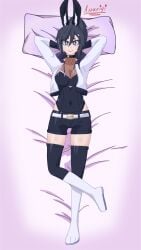 1girls 2d 2d_(artwork) assa_(assarigi) assarigi bed big_eyes black_hair black_stockings boots bunny_ears bunny_girl bunnysuit charm choker dark_hair easter humanoid original original_character original_characters purple_eyes smile solo solo_female solo_focus stockings white_boots white_clothing