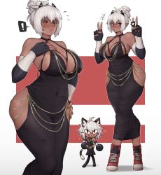 armwear bare_shoulders big_breasts black_dress blush breasts cleavage dress elbow_gloves female gold_jewelry hair_bun hip_vent horns jewelry modakawa_dress original_character peace_sign red_eyes short_hair sneakers white_hair