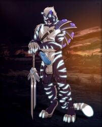 1boy abs animal_ears animal_genitalia animal_penis anthro armor balls biceps big_biceps big_paws blue_penis cat_ears cat_tail claws dipstick_tail erection fangs feline feline_penis fit full_body glowing glowing_fur glowing_skin glowing_stripes grey_hair humanoid hyper_muscles looking_at_viewer male male_only mammal mane melee_weapon muscles muscular muscular_male muscular_thighs pauldron pauldrons paws pecs penis pose saberteeth sabertooth sabertooth_tiger sheath short_hair shoulder_armor shoulder_pad silver_hair six_pack smile solo standing strap striped_tail stripes sword tail teeth tiger tiger_stripes toe_claws toned toned_male tridark warrior weapon white_hair white_stripes