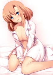 :d bangs bare_shoulders blue_eyes blush breasts brown_hair cleavage collarbone collared_shirt dress_shirt female haribote head_tilt large_breasts long_sleeves looking_at_viewer naked_shirt nipple_slip nipples off_shoulder open_clothes open_mouth open_shirt original shirt sitting smile solo wariza white_shirt