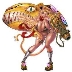 animal_humanoid big_breasts bikini blonde_hair blue_eyes bra breasts briefs cat_humanoid clothing eden&#039;s_ritter_grenze felid felid_humanoid feline feline_humanoid fingerless_gloves footwear gloves grey_clothing grey_footwear grey_socks hair handwear hi_res huge_breasts humanoid mammal mammal_humanoid meow_mao_(eden&#039;s_ritter_grenze) naglfar navel nuke red_scarf scarf shoes sneakers socks solo swimwear tail tan_body tan_skin underwear visor yellow_tail