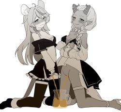 black_and_white blush blush braid braided_hair capricorn female female_only goat goat_girl goat_horns looking_at_viewer nuruko_(nuru55555) partially_clothed pasia_thegoat peeing piss_drinking pissing_in_glass pissing_together pitcher_(container) rat_ears rat_girl rat_tail ratsukare ribbon_choker skirt_lift tail urine vtuber white_background