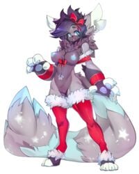 anthro armband bare_shoulders big_breasts big_ears big_hands big_tail blue_claws blue_eyes blue_nipples bow breasts chest_tuft christmas claws clothing female hair hand_pads holidays legwear mammal navel nipples pawprint pussy simple_background slugbox solo stockings thigh_highs tuft white_background