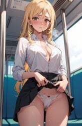 1girls 2d ai_generated blonde_hair blush blushed commentary_request emma_sano female female_only golden_eyes half_naked half_nude humiliation panties public public_exposure request school_uniform schoolgirl tokyo_revengers