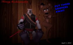 3d 3d_(artwork) barefoot bear cally3d clazzey clothed_male clothed_male_nude_female cryptiacurves fazclaire&#039;s_nightclub five_nights_at_freddy&#039;s freddy_(fnaf) fredina&#039;s_nightclub fredina_(cally3d) frenni_(cryptia) frenni_fazclaire furry heavy_weapons_guy heavymachinima69 horrified large_breasts nude nude_female scottgames team_fortress_2 terrified tv_remote ursid