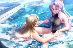 2girls artist_request big_breasts blonde_female blonde_hair blonde_hair breasts competition_swimsuit mature_female older_female purple_hair red_eyes sisters swimming swimsuit swimwear touhou watatsuki_no_toyohime watatsuki_no_yorihime water yuri