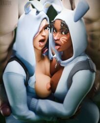2boys 2girls amatornsfw areolae big_balls big_breasts big_penis breast_grab breasts breasts_out bunny_brawler bunny_costume bunny_ears bunny_girl bunnysuit clothed clothed_female clothing completely_nude completely_nude_male dark-skinned_female dark_skin drooling facepaint foreskin fortnite fortnite:_save_the_world human human_male light-skinned_male light_skin looking_at_viewer miss_bunny_penny_(fortnite) mostly_clothed mostly_clothed_female multicolored_hair nude nude_male onesie onesie_open open_clothes penis penny_(fortnite) saliva saliva_string saliva_trail tongue tongue_out uncircumcised uncut