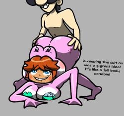 1boy ass big_breasts biting_lip blue_eyes blush brown_hair chabble detailed_bulge english_text female frog frog_girl frog_suit fucking large_ass living_bodysuit luigi mario_(series) nipples pasties pink_body pink_skin princess_daisy sex simple_background small_predator straight super_mario_bros. super_mario_bros._3 text top-down_bottom-up vore