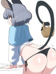 animal_ears ass ass_focus blush capelet embarrassed female grey_hair highres hizake huge_ass kashu_(hizake) long_sleeves looking_at_viewer mouse_ears mouse_girl mouse_tail nazrin panties parted_lips petite short_hair solo string_panties sweatdrop tail thick_thighs thighs touhou underwear