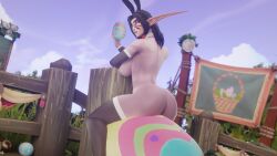 3d big_ass black_hair blue_eyes bunny_ears bunny_girl easter egg female holding_egg kynalea_dawnfire looking_at_viewer morilymory night_elf stockings world_of_warcraft