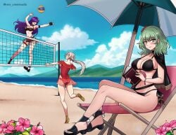 3girls alternate_costume alternate_hairstyle ass ball bare_legs beach big_ass black_bikini black_swimsuit blush book breasts byleth_(female)_(fire_emblem) byleth_(female)_(summer)_(fire_emblem) byleth_(fire_emblem) byleth_(fire_emblem)_(female) capelet casual_one-piece_swimsuit cleavage edelgard_von_hresvelg edelgard_von_hresvelg_(summer) enlightened_byleth_(female) female female_only fire_emblem fire_emblem:_three_houses fire_emblem_heroes fire_emblem_warriors:_three_hopes frilled_one-piece_swimsuit frills green_eyes green_hair grey_hair hair_over_one_eye jumping large_breasts legs long_hair looking_at_viewer multiple_girls nintendo ocean official_alternate_costume official_alternate_hairstyle one-piece_swimsuit outdoors playing ponytail purple_eyes purple_hair red_one-piece_swimsuit red_swimsuit rein_creamsoda sandals shez_(female)_(fire_emblem) shez_(female)_(summer)_(fire_emblem) shez_(fire_emblem) sideboob small_breasts smile swimsuit umbrella very_long_hair volleyball volleyball_net water white_hair
