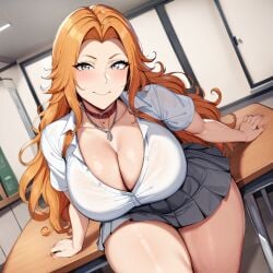 1girls ai_generated alternate_breast_size big_breasts bleach bostin breasts busty curvaceous curvy curvy_body curvy_female curvy_figure female huge_breasts large_breasts matsumoto_rangiku nipples school_uniform skirt solo sweat sweating sweaty sweaty_body sweaty_breasts thick_thighs thighs venus_body