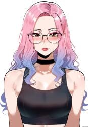 1girl 1girls ai_generated blue_hair brown_eyes choker eyeshadow female female_only glasses light-skinned_female multicolored_hair pink_hair portrait self_upload selfie skindentation small_breasts smile solo sports_bra upper_body viriai