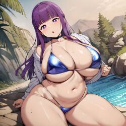 1girls ai_generated big_breasts bikini blue_bikini bostin breasts busty curvaceous curvy curvy_body curvy_female curvy_figure female fern_(sousou_no_frieren) generated huge_breasts large_breasts metal_bikini nipples purple_eyes purple_hair sousou_no_frieren sweat sweating sweaty sweaty_body sweaty_breasts thick_thighs thighs venus_body voluptuous