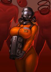 2d black_gloves breast_on_object coil-head_(lethal_company) coils employee_(lethal_company) engine female female_focus holding holding_object imminent_rape imminent_sex jumpsuit large_breasts lethal_company long_neck mannequin no_arms orange_jumpsuit spectrym thick_hips thick_thighs worker_(lethal_company)