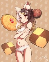 alice_cweam belly_button bra brown_eyes brown_hair bunny_ears bunny_girl chocolate close-up covering ice_cream mythic_live navel panties petite sleep_mask small_breasts underwear virtual_youtuber vtuber white_bra white_panties